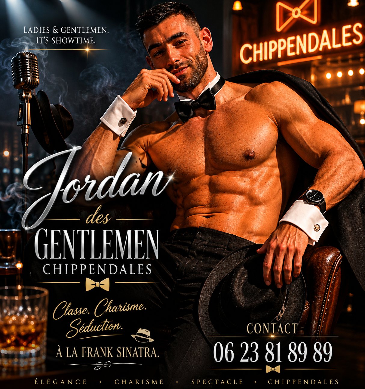 Chippendale Jordan des Gentlemen en tenue elegante avec chapeau feutre, ambiance cabaret chic pour EVJF et Ladies Night dans le Sud