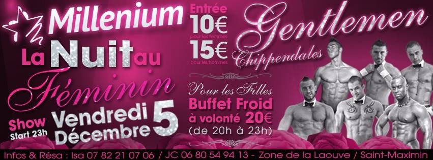 Flyer de la soiree a theme Nuit au Feminin des Gentlemen Chippendales au Millenium pres de Brignoles et Saint-Maximin