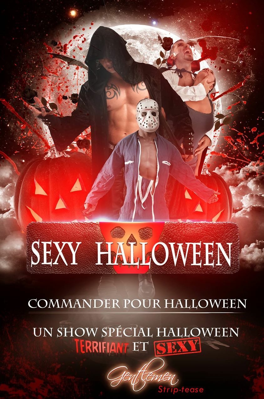 Soiree a theme Halloween avec show striptease des Gentlemen, personnage masque et decor de citrouilles
