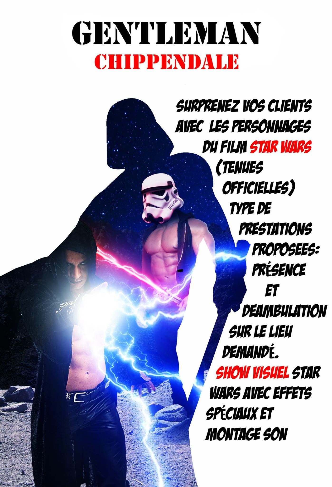 Danseur Sith projetant des éclairs et Stormtrooper musclé au sabre laser, show à effets spéciaux Star Wars en PACA par Les Gentlemen Striptease