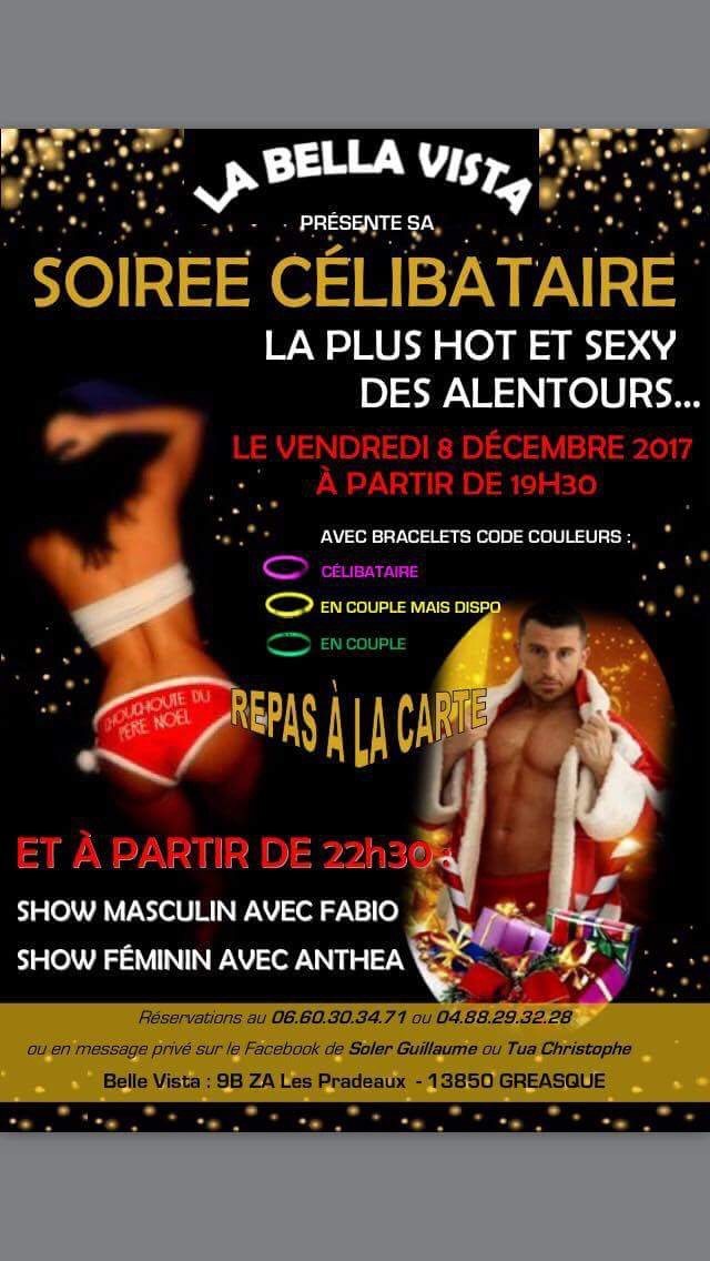 Flyer de la soirée célibataire de La Bella Vista à Gréasque, salle des Pradeaux, avec show masculin des Gentlemen Striptease
