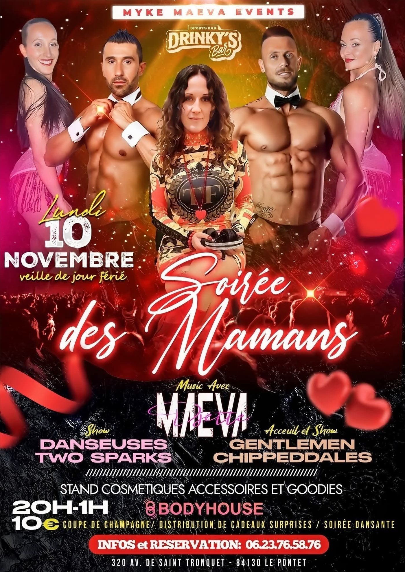 Flyer soirée à thème des mamans au Drinky's Bar du Pontet : chippendales, champagne et cadeaux près d'Avignon