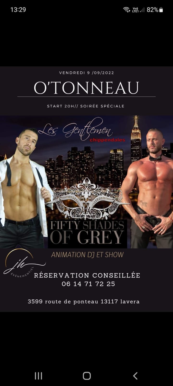 Flyer soirée Fifty Shades of Grey avec les chippendales Les Gentlemen au O'Tonneau, Lavéra