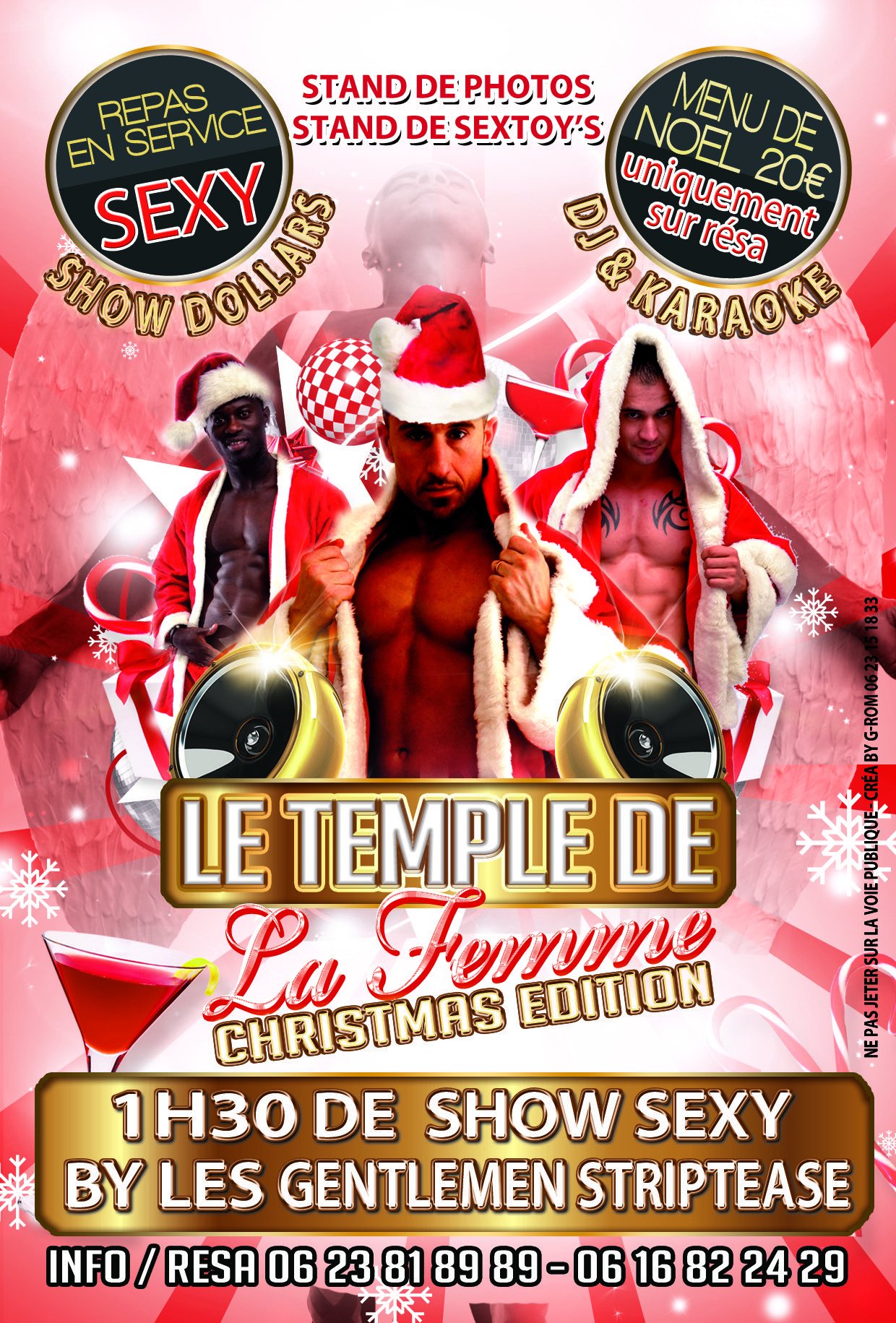 Flyer cadeau de Noël soirée chippendales Les Gentlemen Striptease en PACA, danseurs déguisés en Père Noël